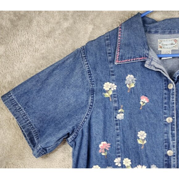 Carrie Allen Shirt Womens Large Blue Denim Floral Embroidered Casual Button Up - Picture 9 of 10
